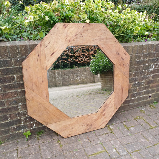 Large 1980s Upcycled Octagonal Mirror Stripped Plywood Frame with Bevelled Glass Rustic Vintage Industrial Wall Mirror FREE HAND Delivery