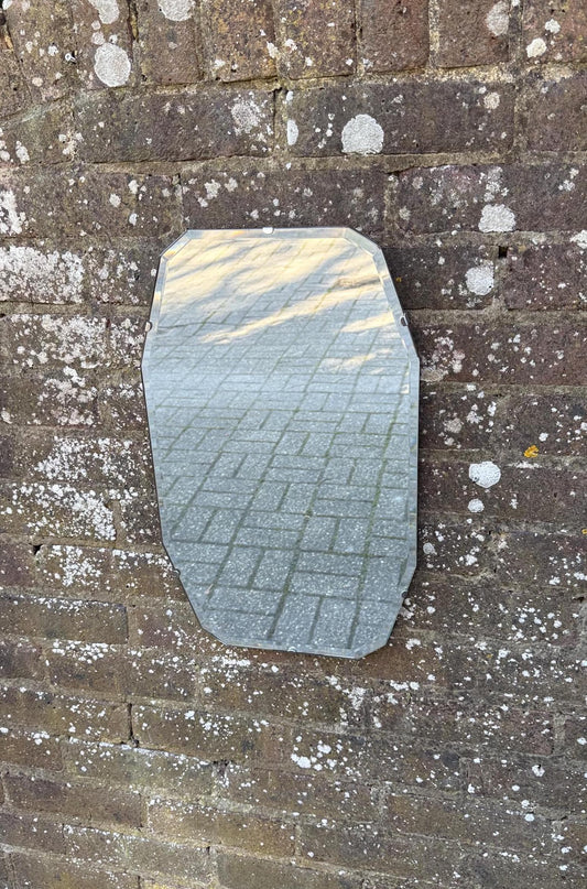 art deco shaped retro style frameless mirror.  excellent condition. retro vintage mirror. art decor mirror