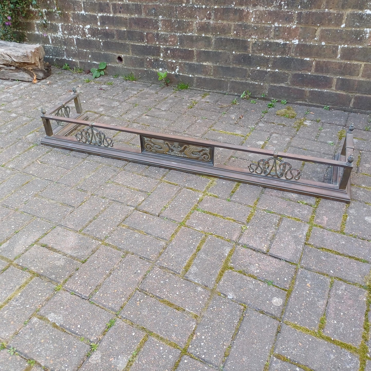 Antique Brass & Iron Fireplace Fender Rococo Heron Motif Georgian Regency Style Ornate Fire Surround Aged Patina Late 19th Century