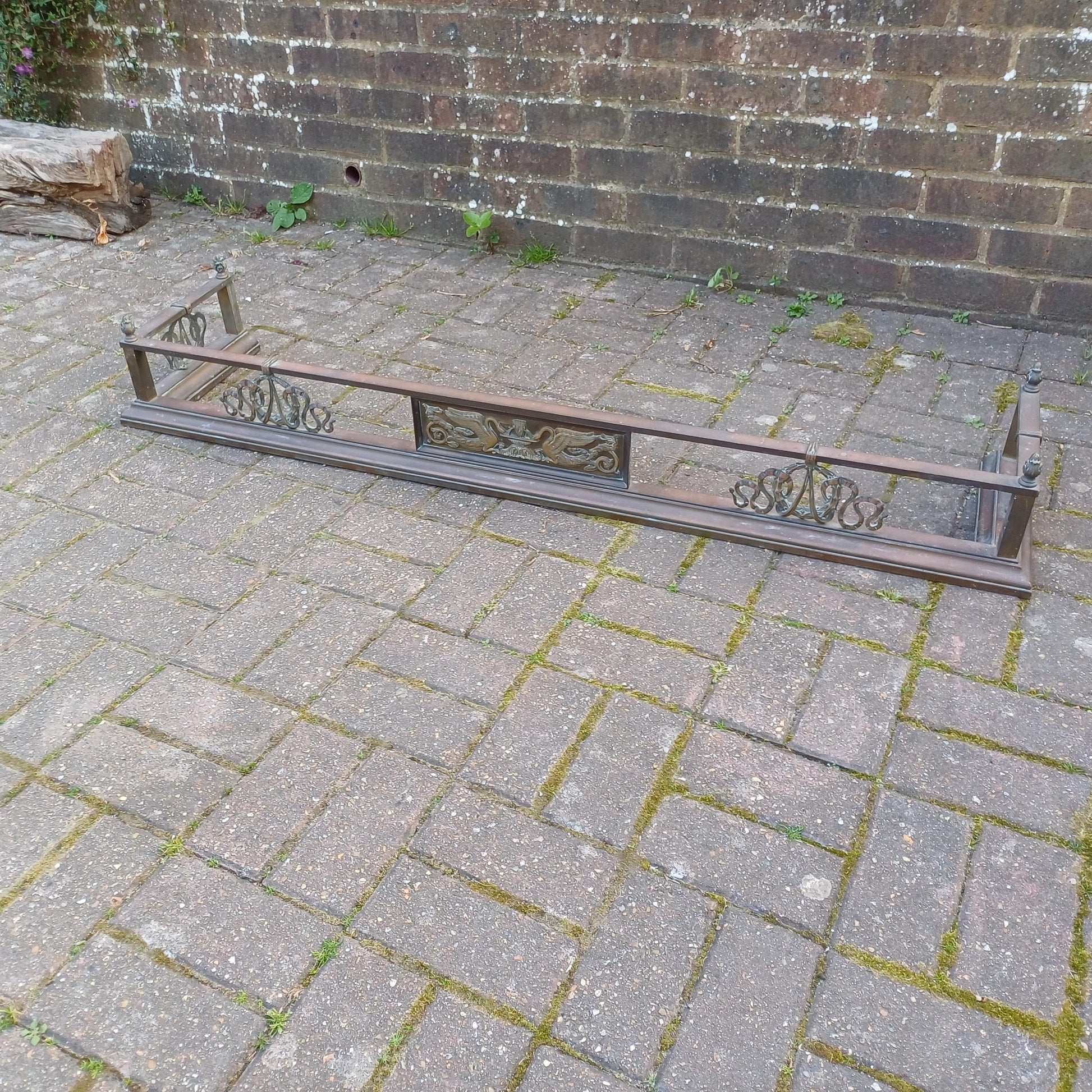 Antique Brass & Iron Fireplace Fender Rococo Heron Motif Georgian Regency Style Ornate Fire Surround Aged Patina Late 19th Century