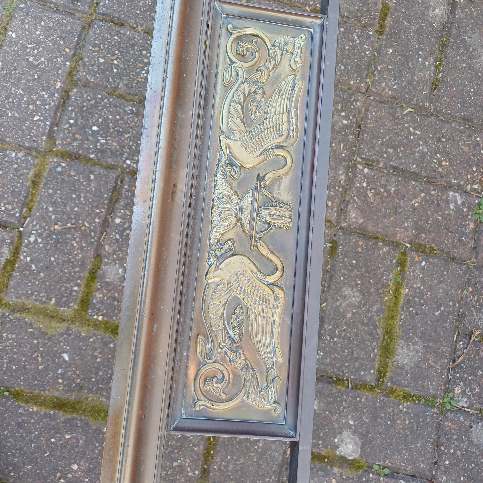 Antique Brass & Iron Fireplace Fender Rococo Heron Motif Georgian Regency Style Ornate Fire Surround Aged Patina Late 19th Century