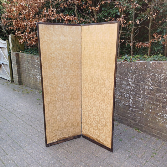 Vintage Double-Sided Folding Screen 2 Panel Room Divider Gold Floral Fabric & Embroidered Birds Chinoiserie Style Antique FREE HAND Delivery
