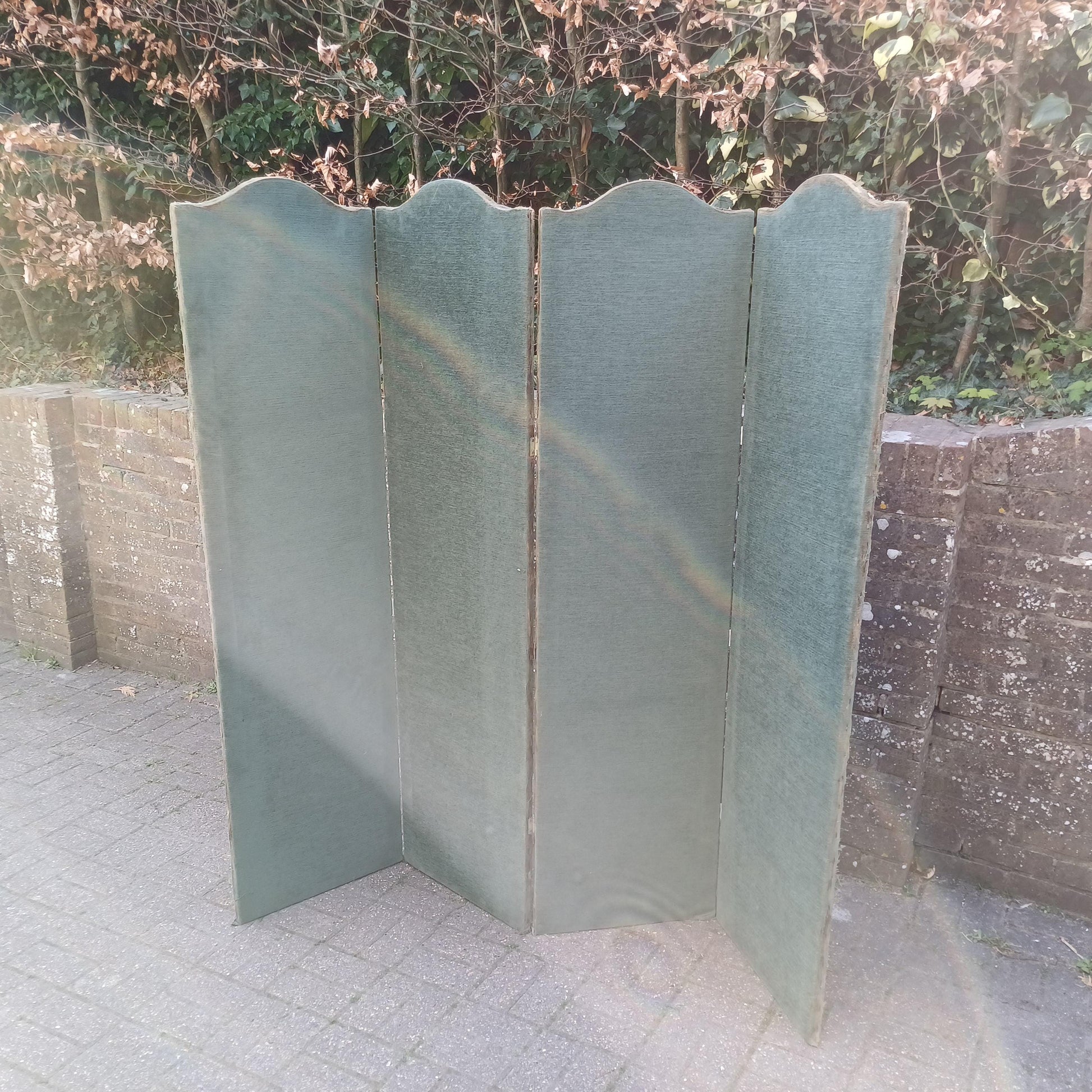 Vintage Double Sided Folding Screen 4 Panel Room Divider Rococo Tapestry Scenes and Green Fabric Country Antique Style FREE HAND Delivery