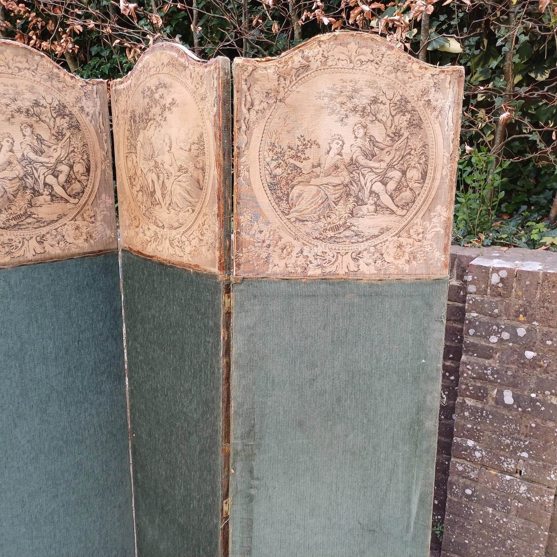 Vintage Double Sided Folding Screen 4 Panel Room Divider Rococo Tapestry Scenes and Green Fabric Country Antique Style FREE HAND Delivery