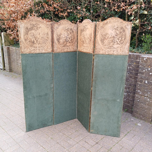 Vintage Double Sided Folding Screen 4 Panel Room Divider Rococo Tapestry Scenes and Green Fabric Country Antique Style FREE HAND Delivery