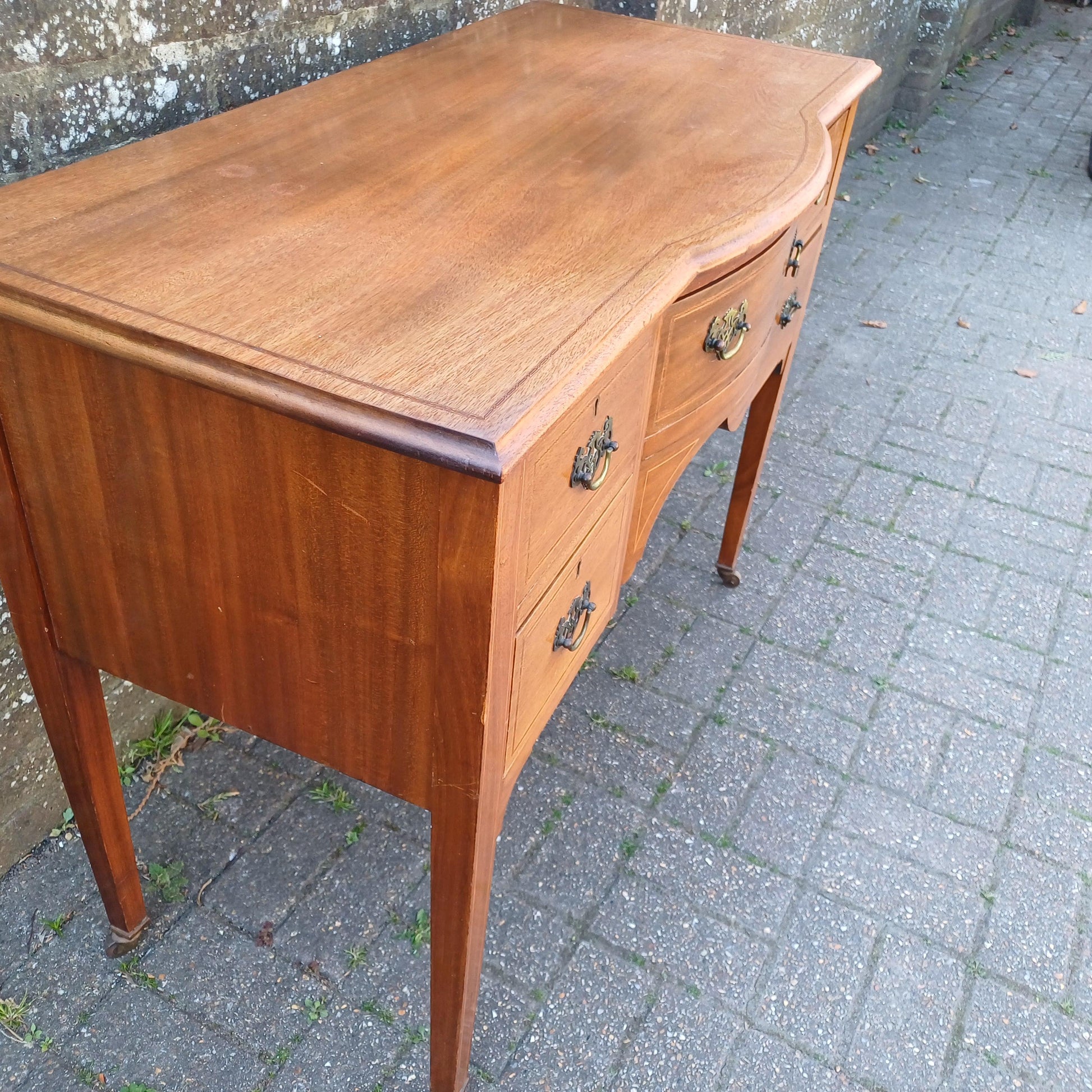 DRAFT Vintage Serpentine Mahogany Sideboard Georgian Edwardian Style Dressing Chest Inlaid Veneer Brass Handles Furniture FREE HAND Delivery