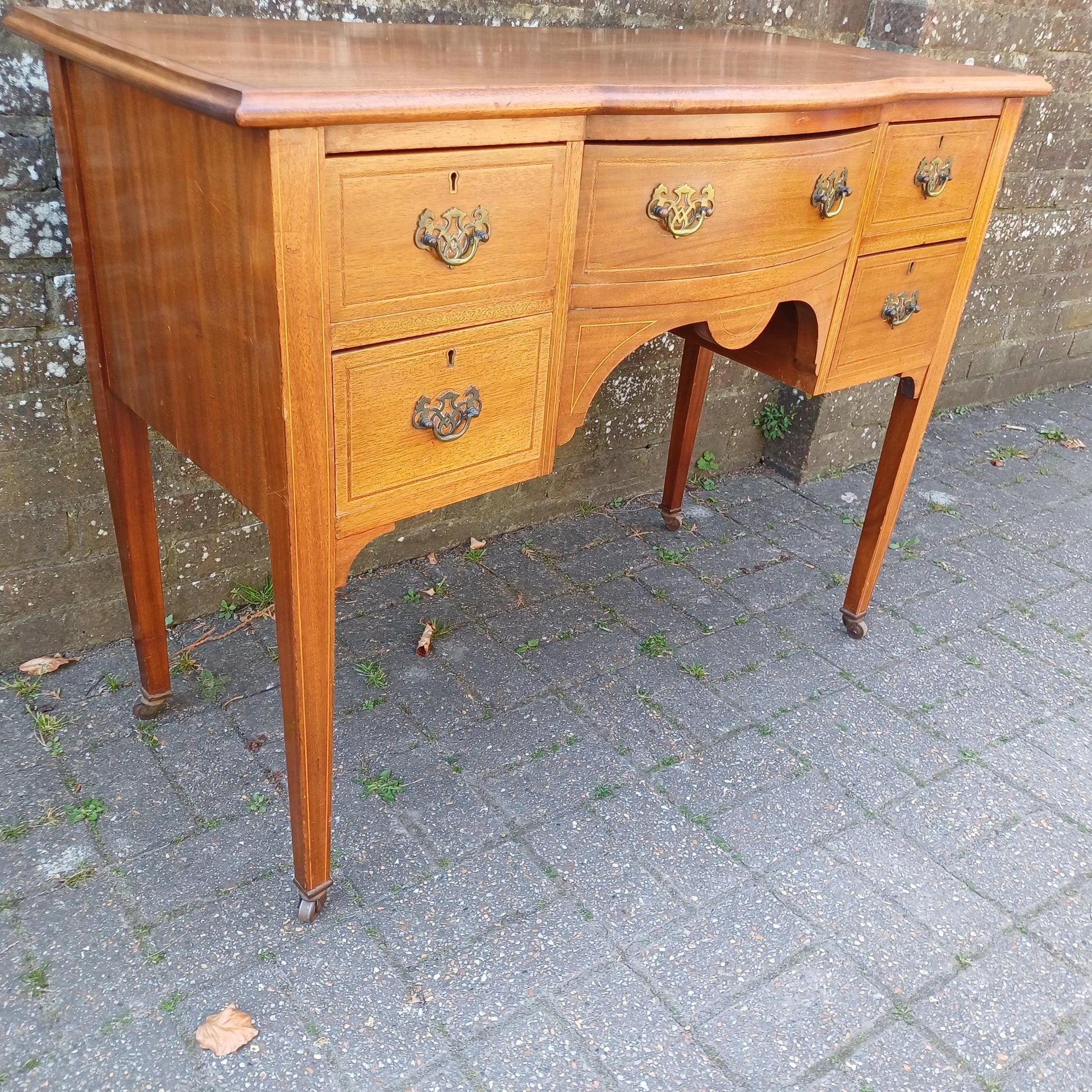 DRAFT Vintage Serpentine Mahogany Sideboard Georgian Edwardian Style Dressing Chest Inlaid Veneer Brass Handles Furniture FREE HAND Delivery