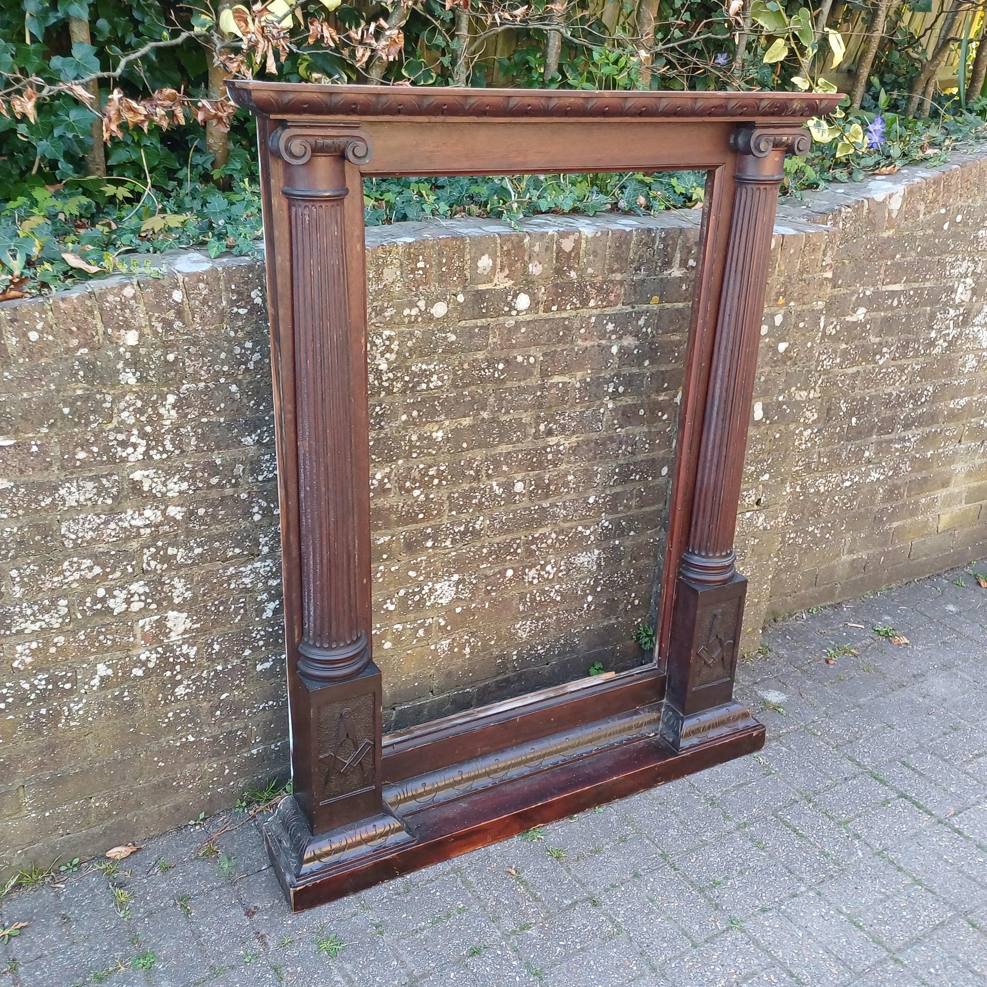 Huge Rare Solid Oak Freemasons Architectural Frame Neoclassical Columns Emblem Antique Lodge Furniture Mirror Surround FREE HAND Delivery