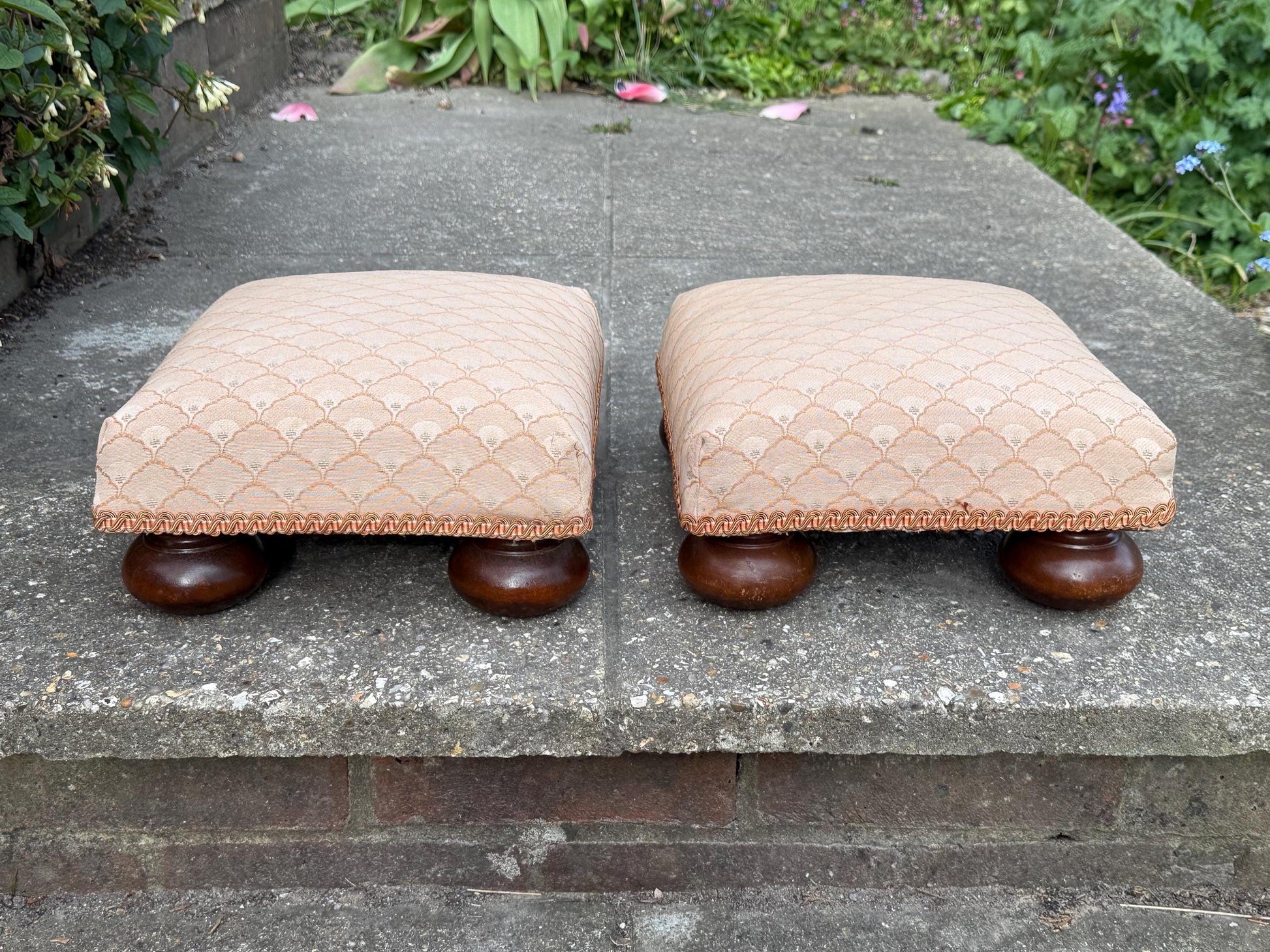 Vintage His & Hers foot stools, vintage footstools, matching pair of upholstered foot stools on bun feet