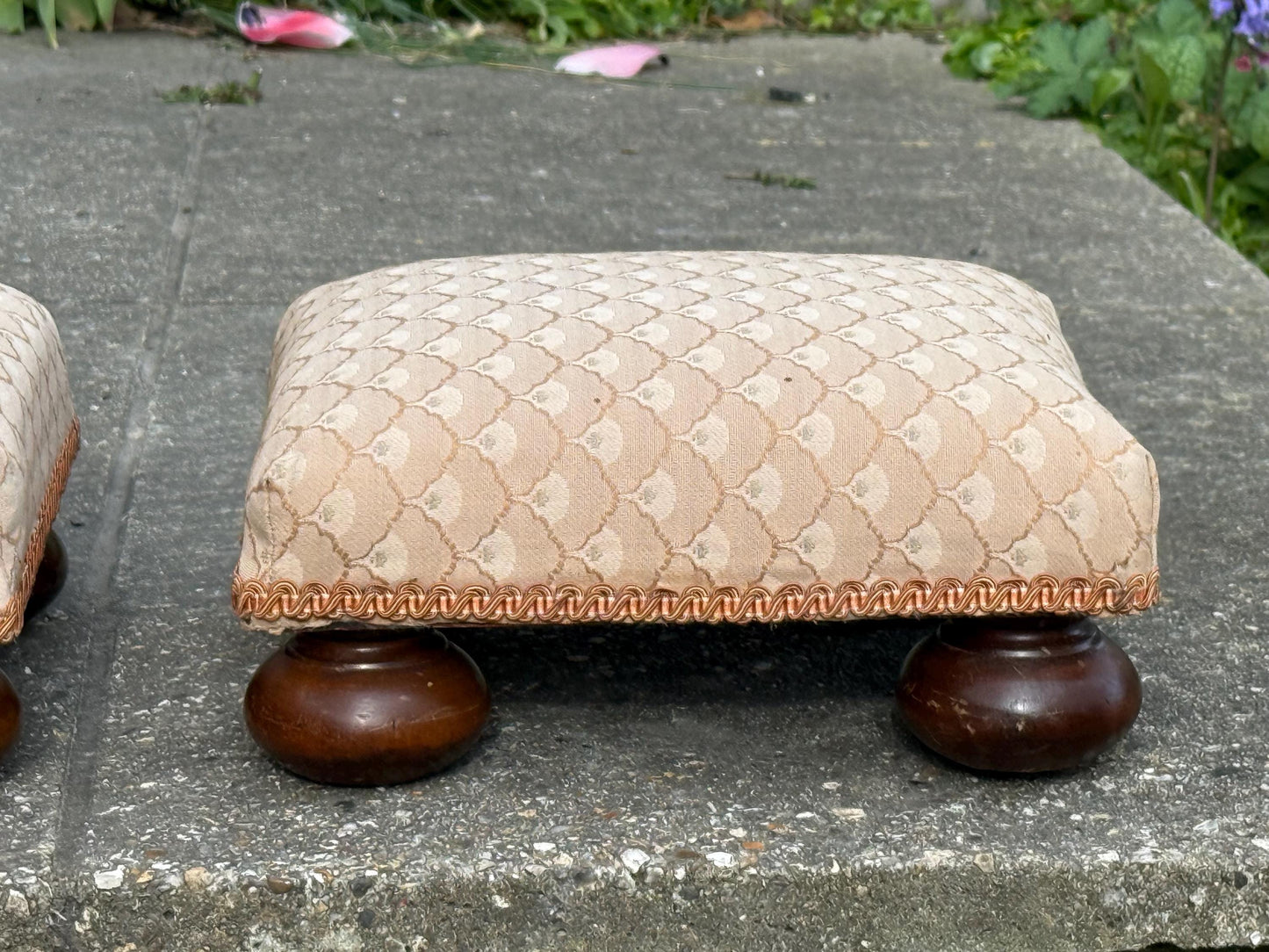 Vintage His & Hers foot stools, vintage footstools, matching pair of upholstered foot stools on bun feet