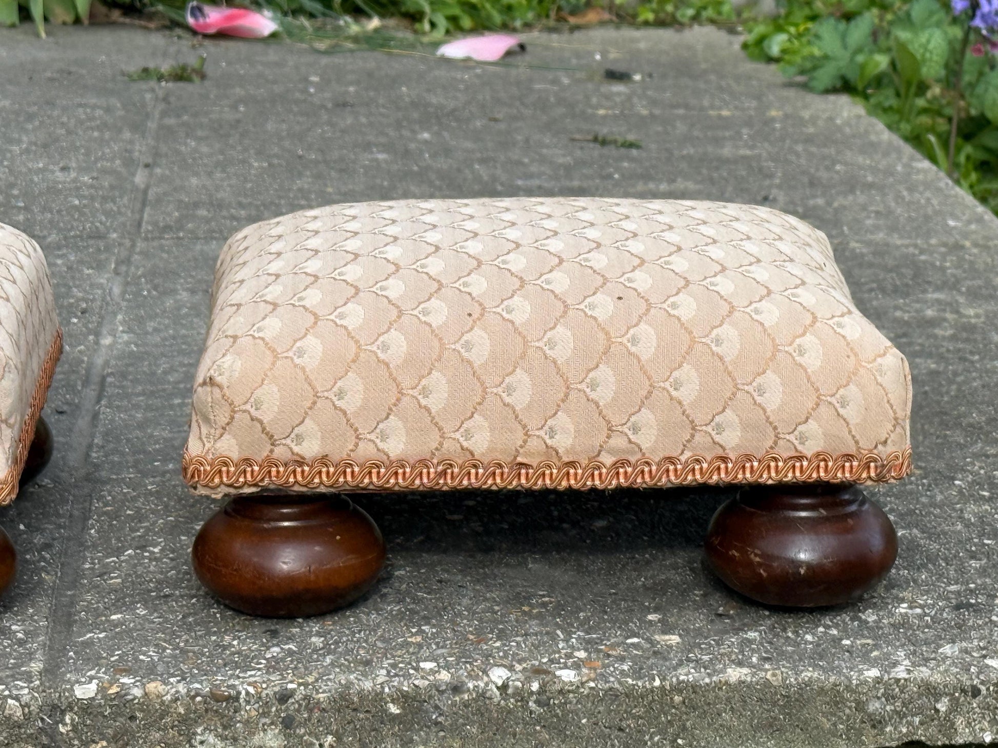 Vintage His & Hers foot stools, vintage footstools, matching pair of upholstered foot stools on bun feet