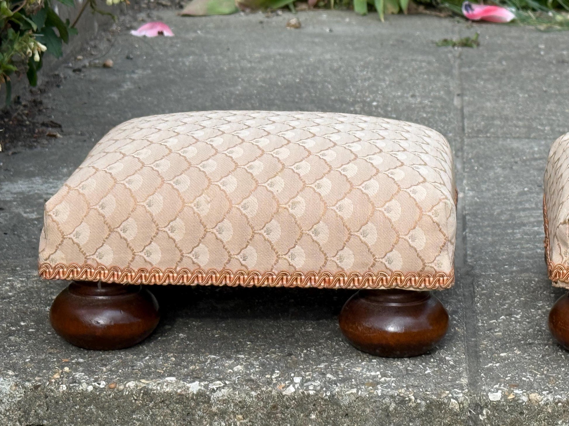 Vintage His & Hers foot stools, vintage footstools, matching pair of upholstered foot stools on bun feet
