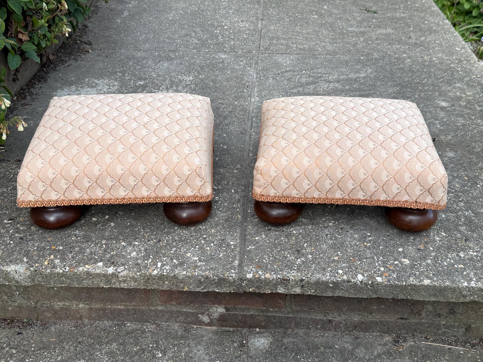 Vintage His & Hers foot stools, vintage footstools, matching pair of upholstered foot stools on bun feet