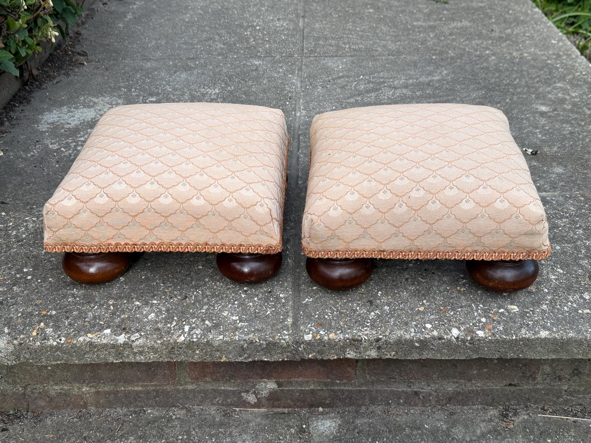 Vintage His & Hers foot stools, vintage footstools, matching pair of upholstered foot stools on bun feet