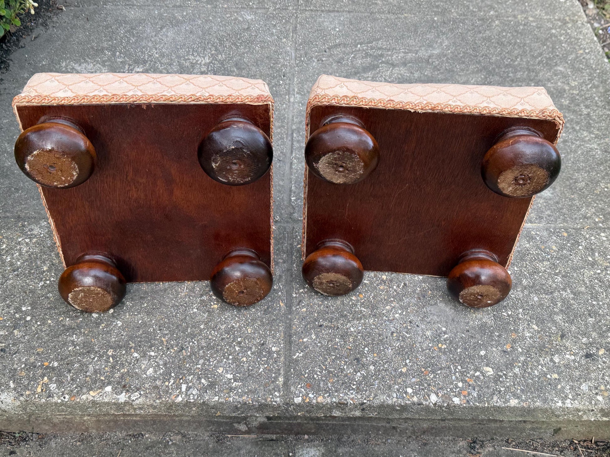 Vintage His & Hers foot stools, vintage footstools, matching pair of upholstered foot stools on bun feet