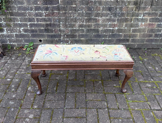 Vintage Tapestry Upholstered Wooden Bench, Antique bench – Queen Anne Style Legs – Antique Entryway, antique living room furniture