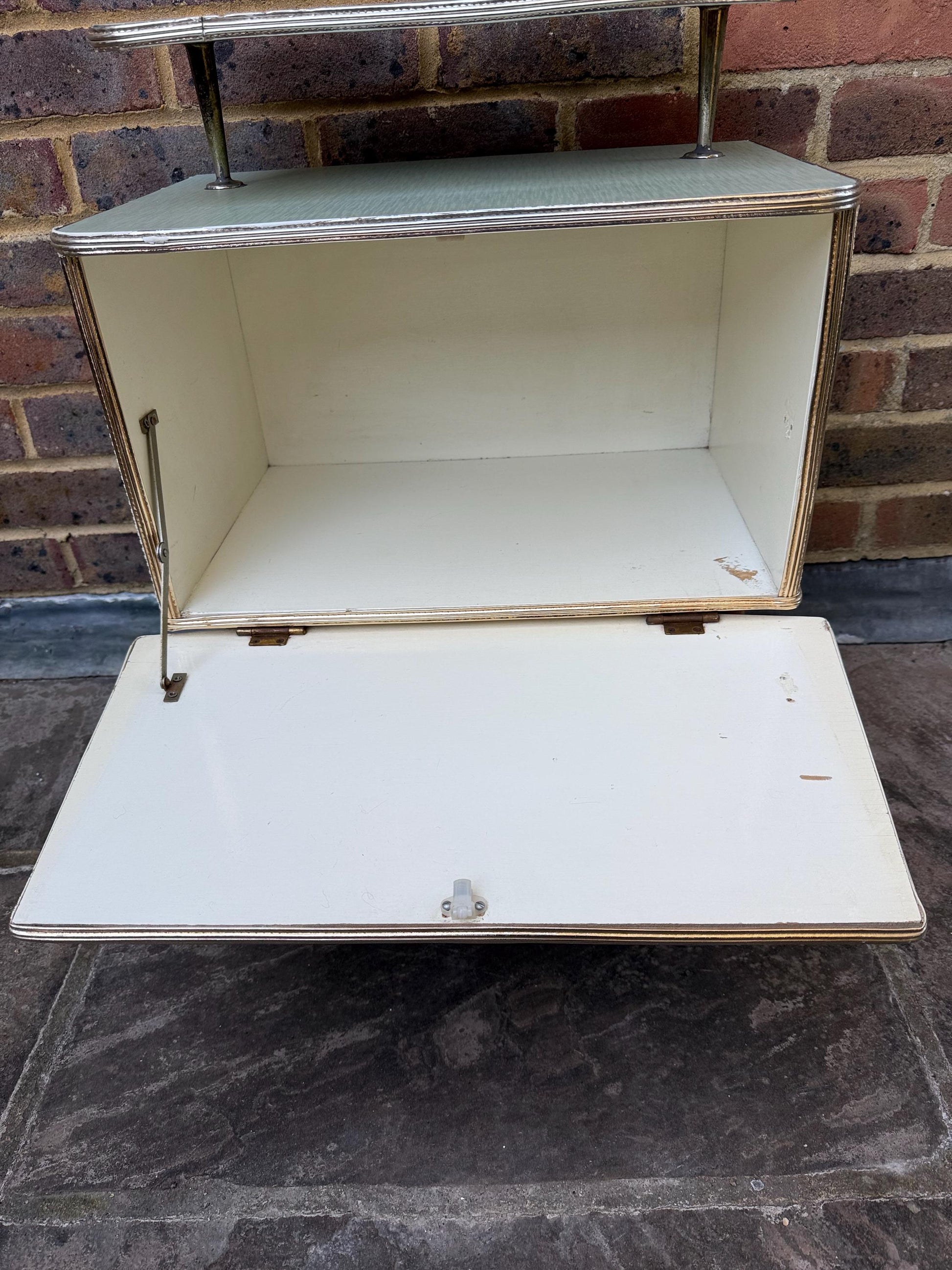 Rare mid-century bedside cupboard, super retro style with woven detail, chrome effect and tapered legs