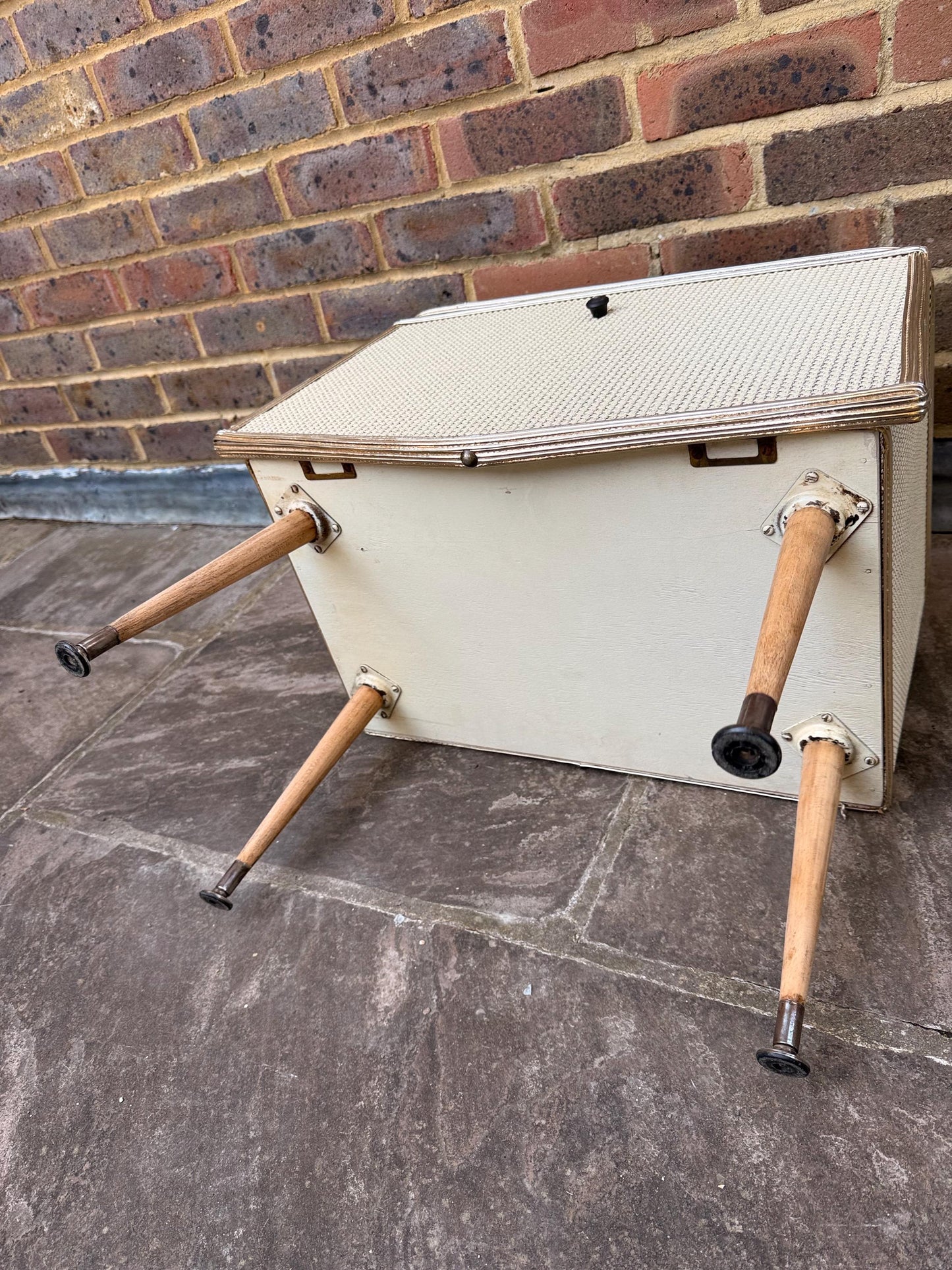 Rare mid-century bedside cupboard, super retro style with woven detail, chrome effect and tapered legs
