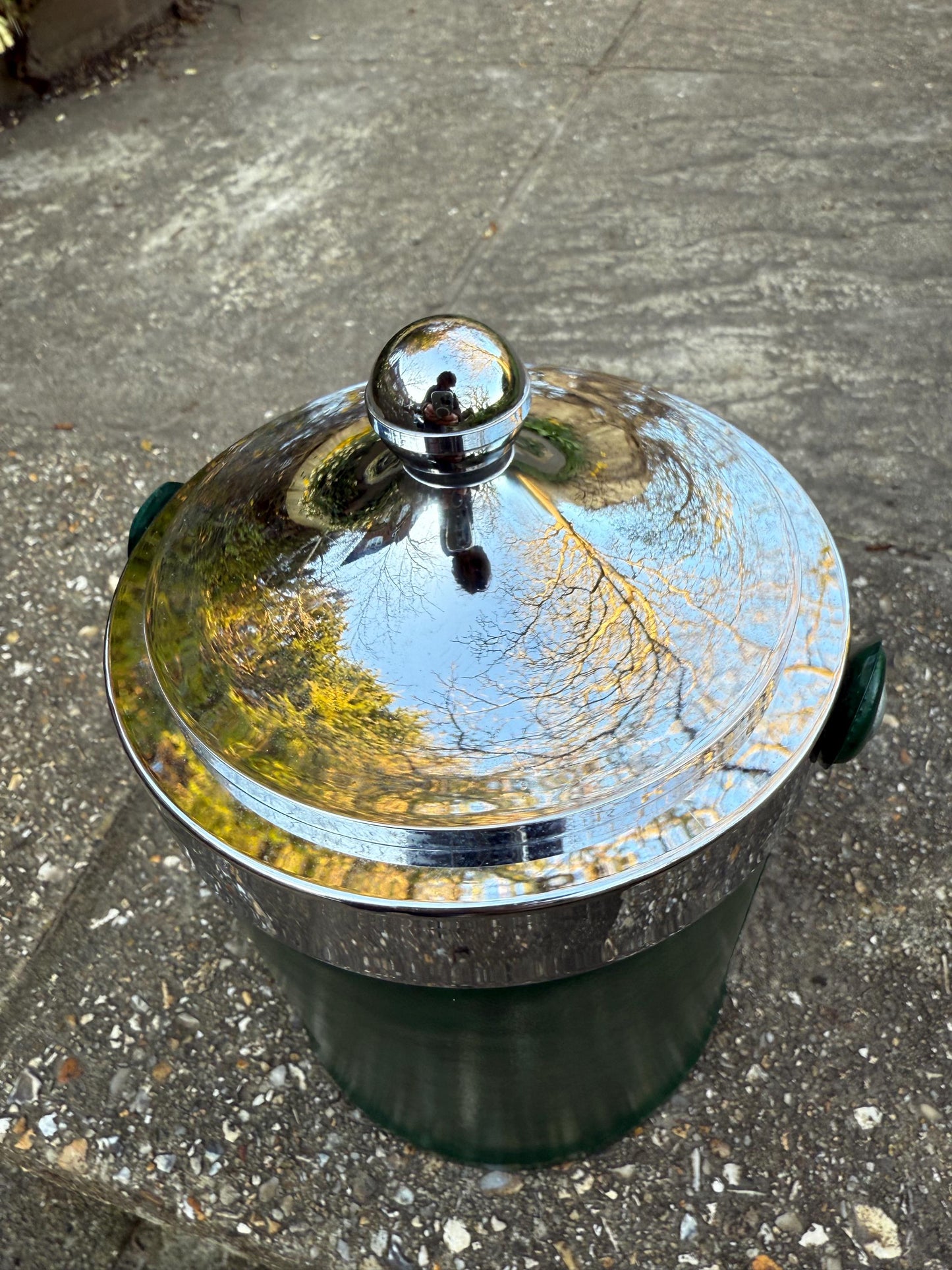 Vintage Retro Faux Green Leather & Chrome Ice Bucket or Storage Pot