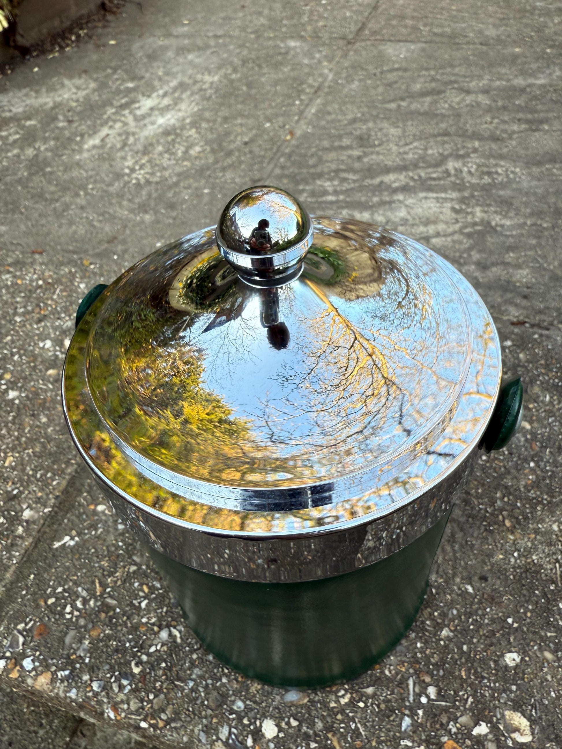 Vintage Retro Faux Green Leather & Chrome Ice Bucket or Storage Pot
