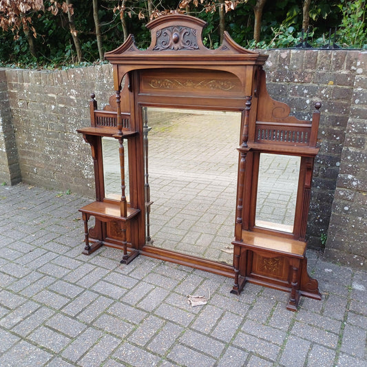Huge Antique Victorian Overmantel Pier Mirror Mahogany/Walnut, Marquetry Inlay, Ornate Carvings, c.1880-1900 FREE HAND Delivery 152 x 137 cm