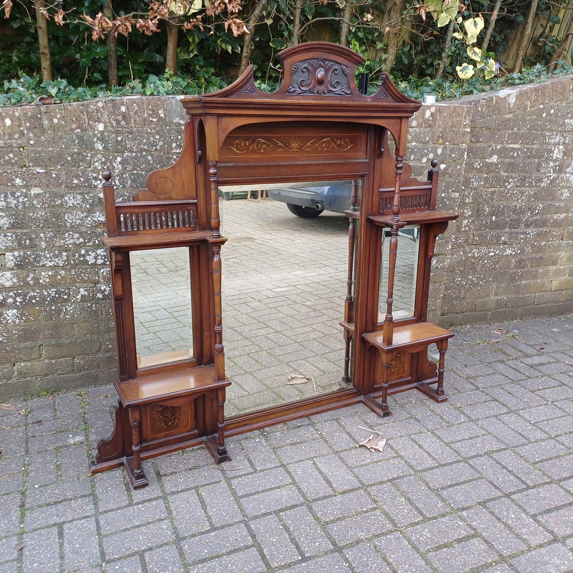 Huge Antique Victorian Overmantel Pier Mirror Mahogany/Walnut, Marquetry Inlay, Ornate Carvings, c.1880-1900 FREE HAND Delivery 152 x 137 cm