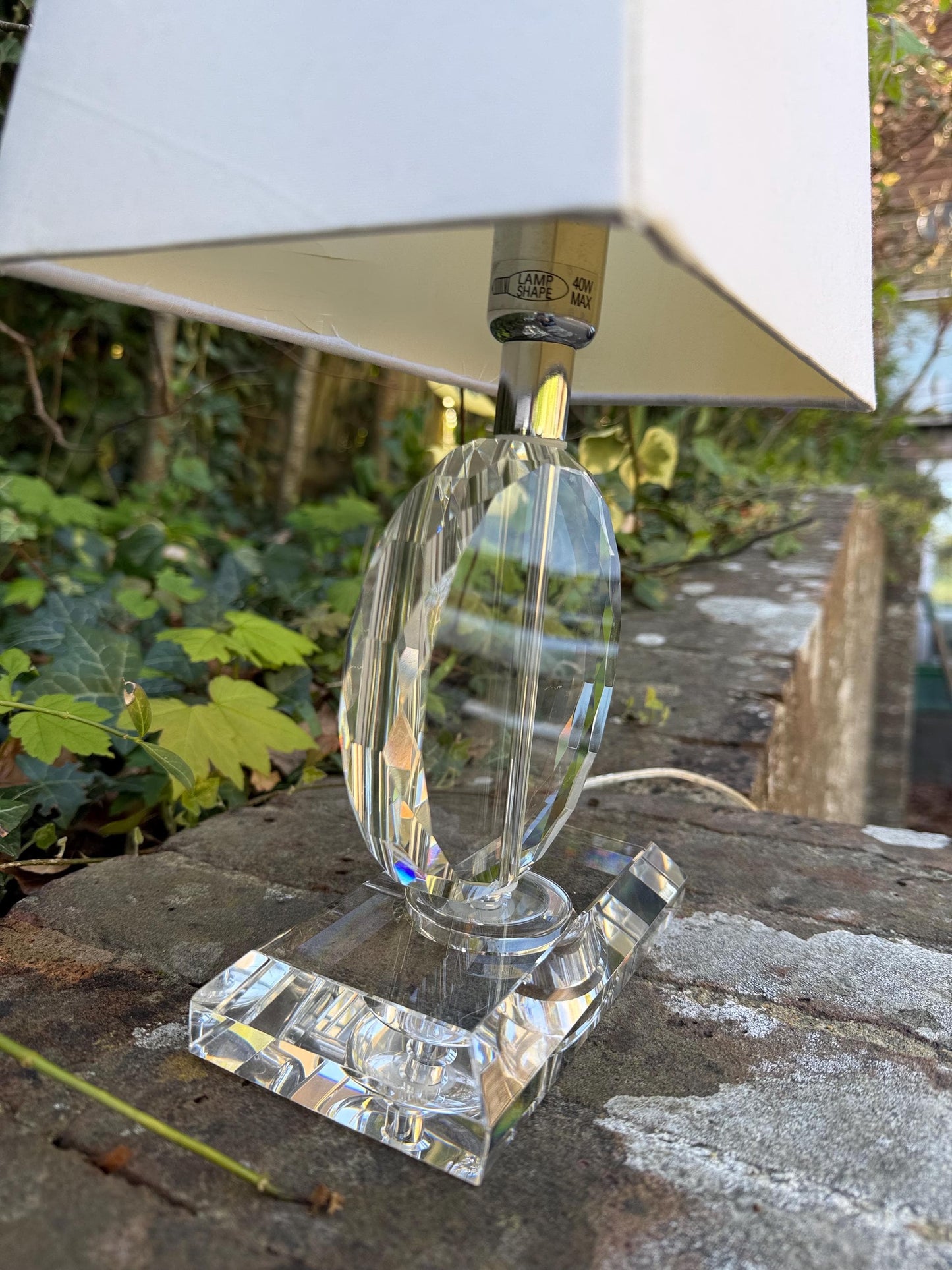 Pair crystal cut glass vintage table lamps, vintage glass lamps, with shades, working PAT tested x 2