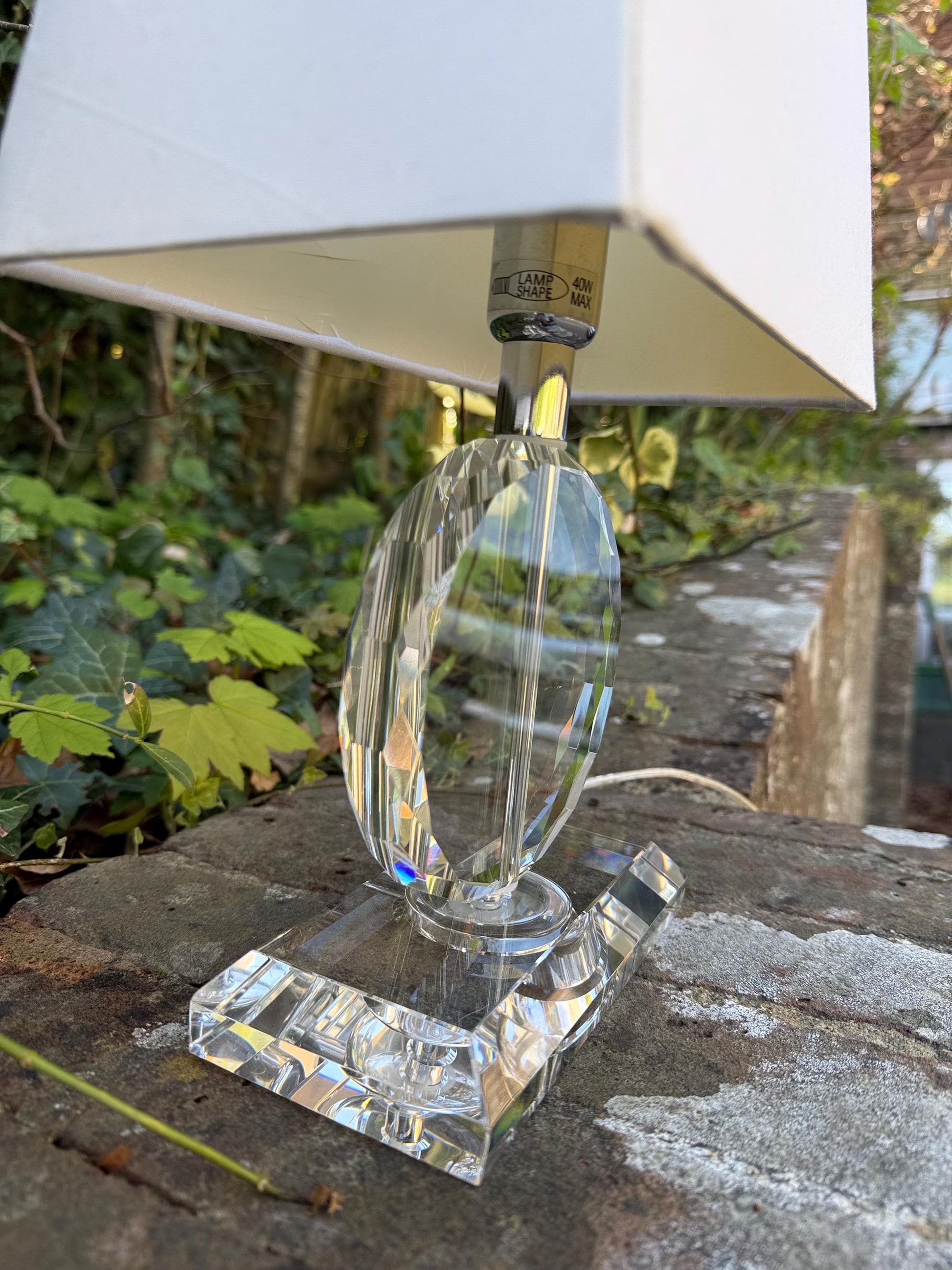 Pair crystal cut glass vintage table lamps, vintage glass lamps, with shades, working PAT tested x 2