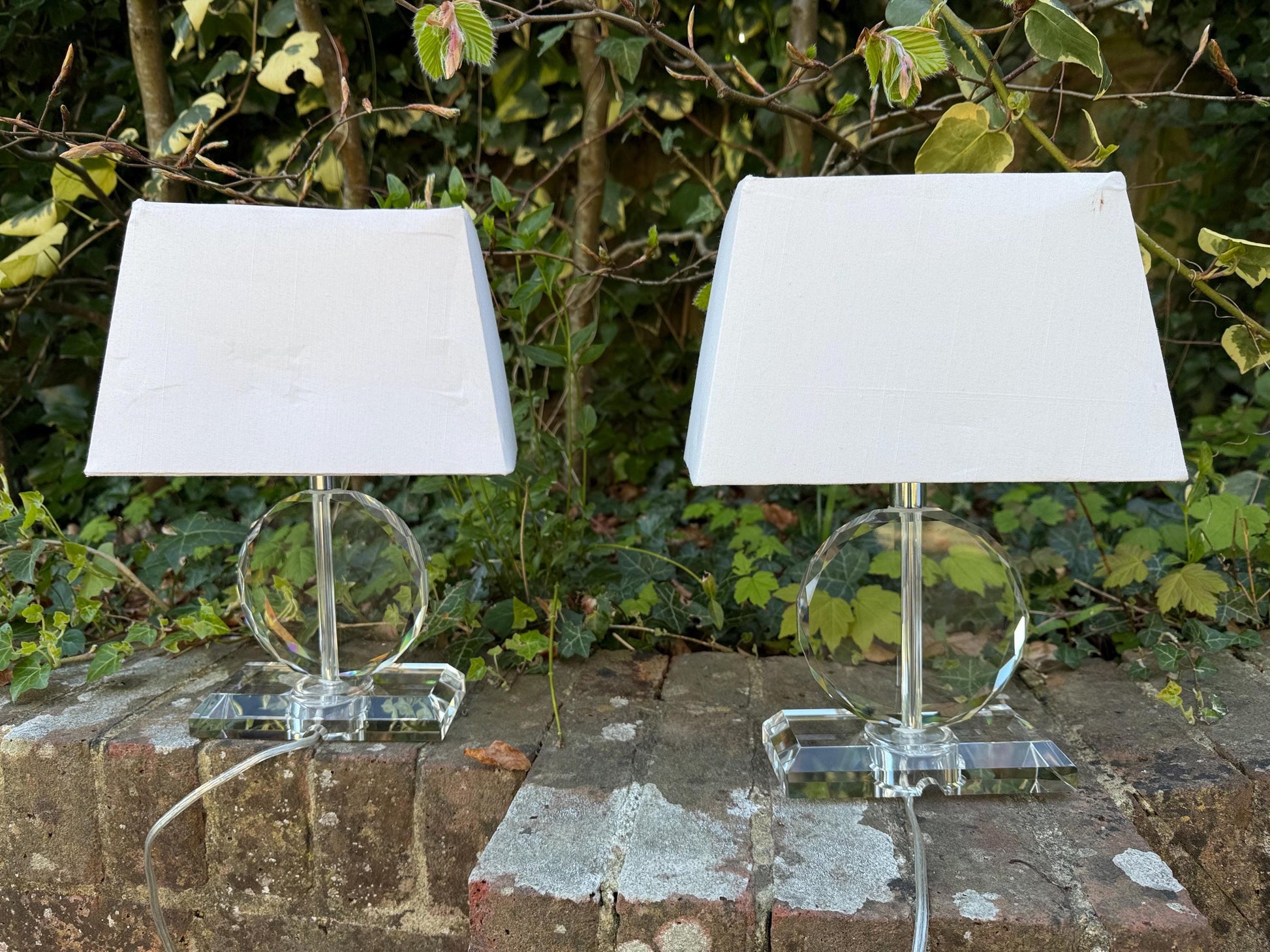Pair crystal cut glass vintage table lamps, vintage glass lamps, with shades, working PAT tested x 2