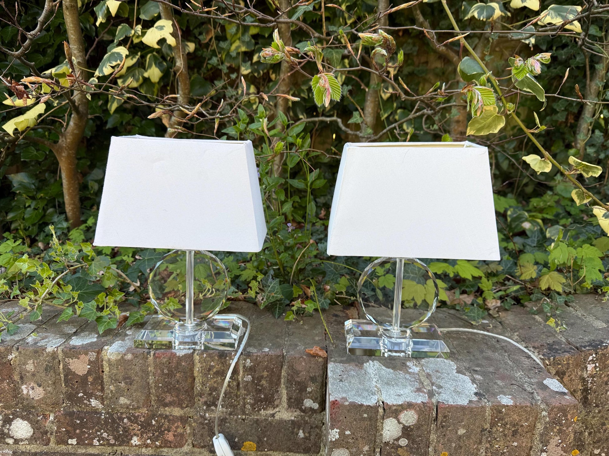 Pair crystal cut glass vintage table lamps, vintage glass lamps, with shades, working PAT tested x 2