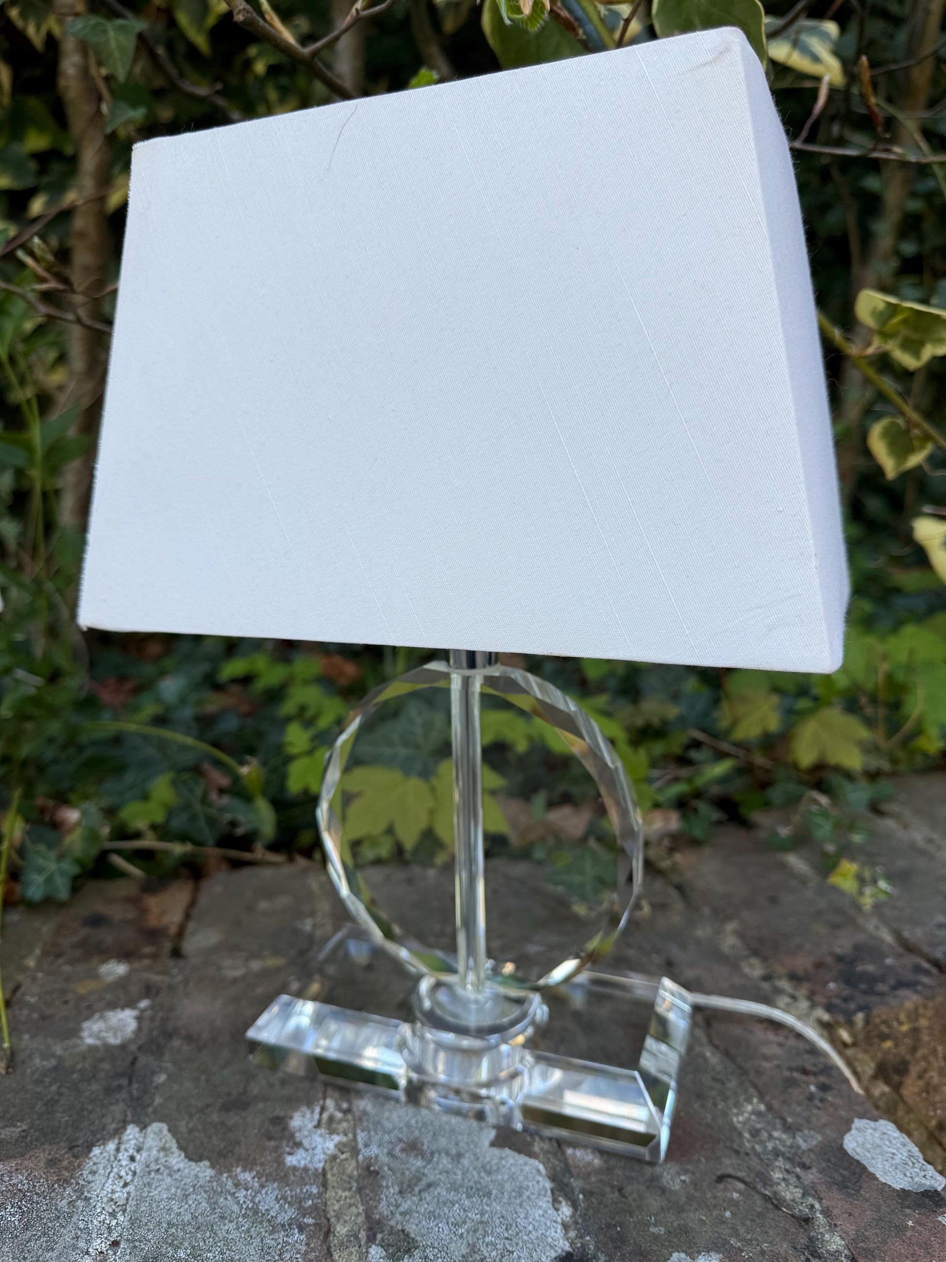 Pair crystal cut glass vintage table lamps, vintage glass lamps, with shades, working PAT tested x 2