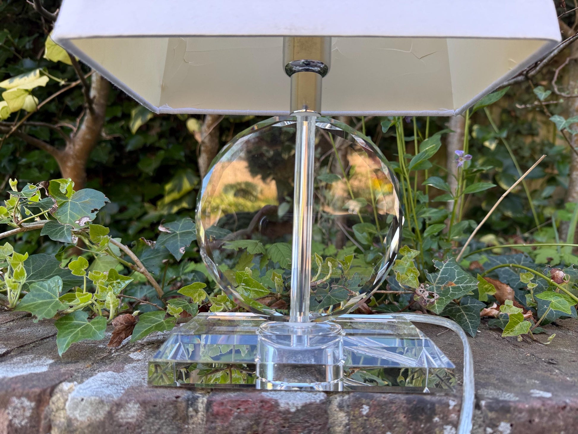 Pair crystal cut glass vintage table lamps, vintage glass lamps, with shades, working PAT tested x 2