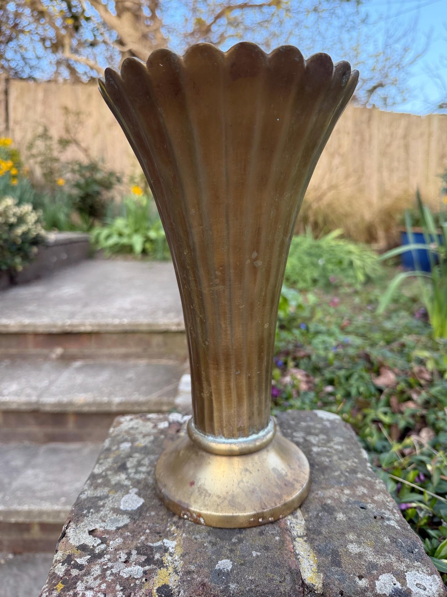 Art Deco Styling Solid Cast Brass Fluted and Scalloped Edge Brass Vase, heavy quality vintage vase