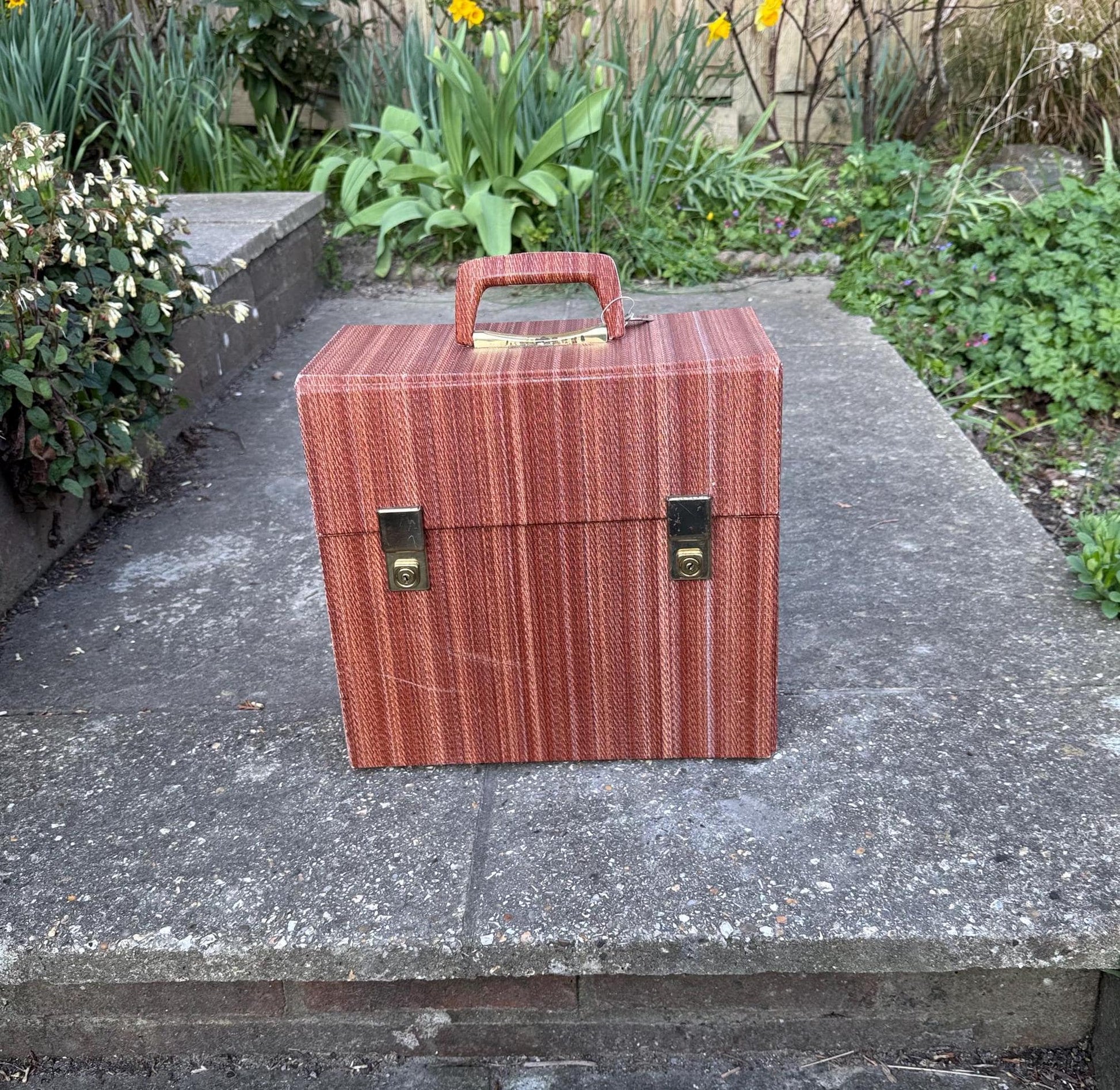 1960s 1970s vinyl record storage case. Record holder. LP case.  Faux material, faux leather vinyl storage case with latches and locks
