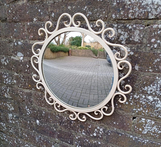scroll work painted round mid-century mirror. VIntage retro mid-century mirror. small vintage round mirror. painted round mirror.