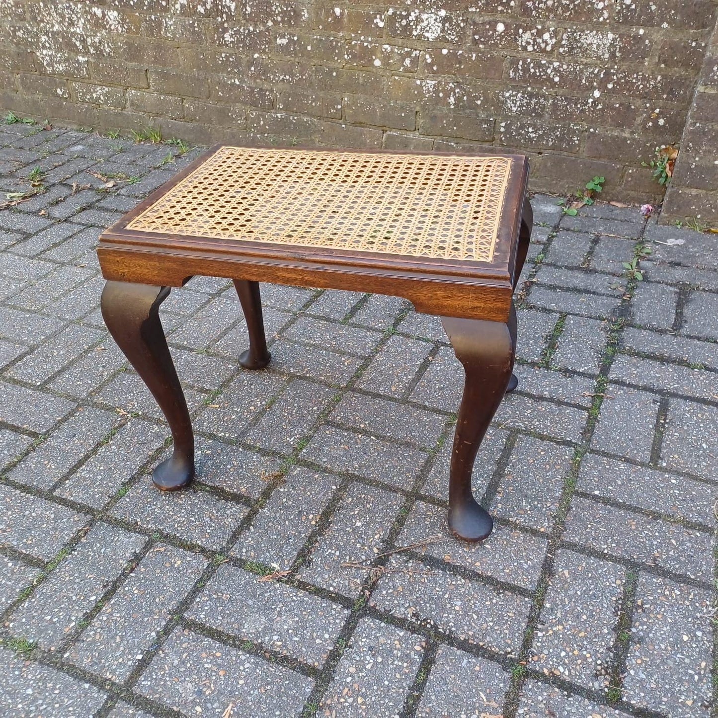 Vintage cane top stool with cabriole legs, Queen Anne style foot stool or side table, dark wood and rattan, traditional accent furniture