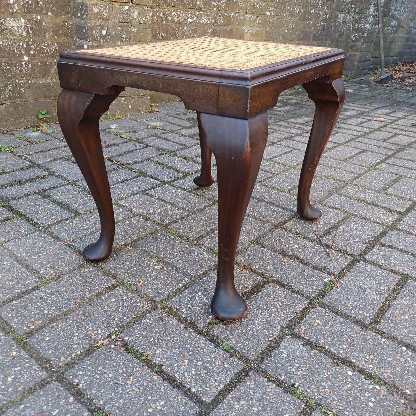Vintage cane top stool with cabriole legs, Queen Anne style foot stool or side table, dark wood and rattan, traditional accent furniture