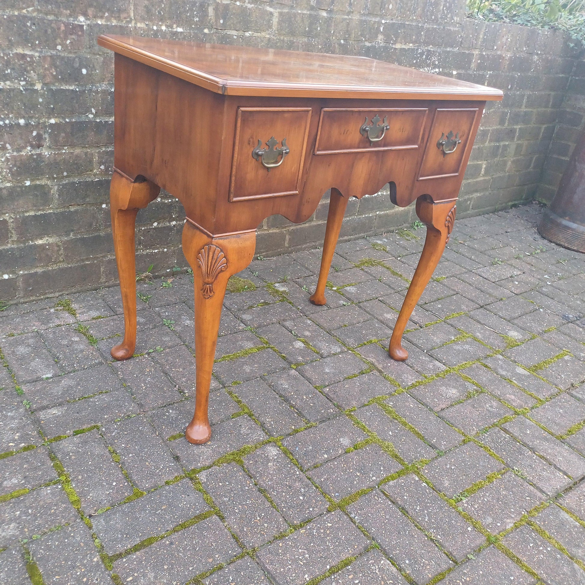 Vintage Queen Anne Style Side Dressing Table Desk Table Burr Yew Wood – Elegant Cabriole Legs, 3 Drawers, Brass Handles FREE HAND Delivery