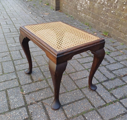 Vintage cane top stool with cabriole legs, Queen Anne style foot stool or side table, dark wood and rattan, traditional accent furniture