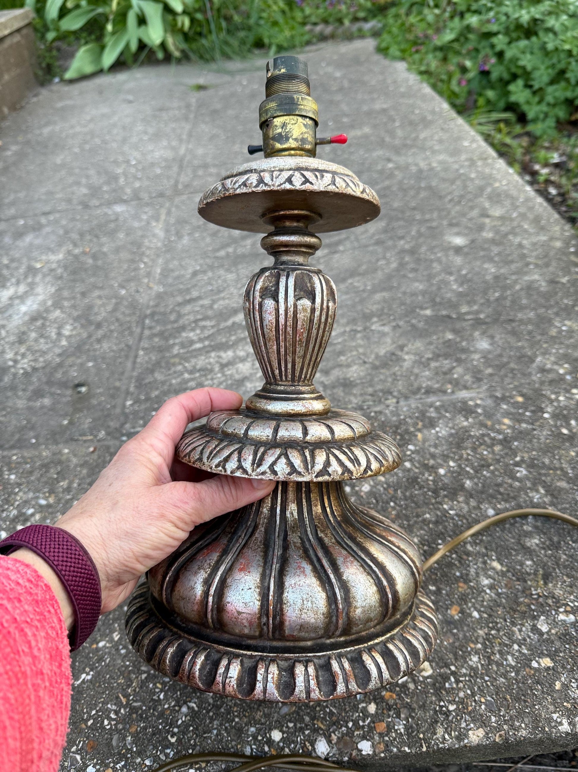 Rare Baroque Style Vintage Large Silver Table Lamp - 1960s/70s retro wooden painted lamp, neo classical table lamp, working, tested