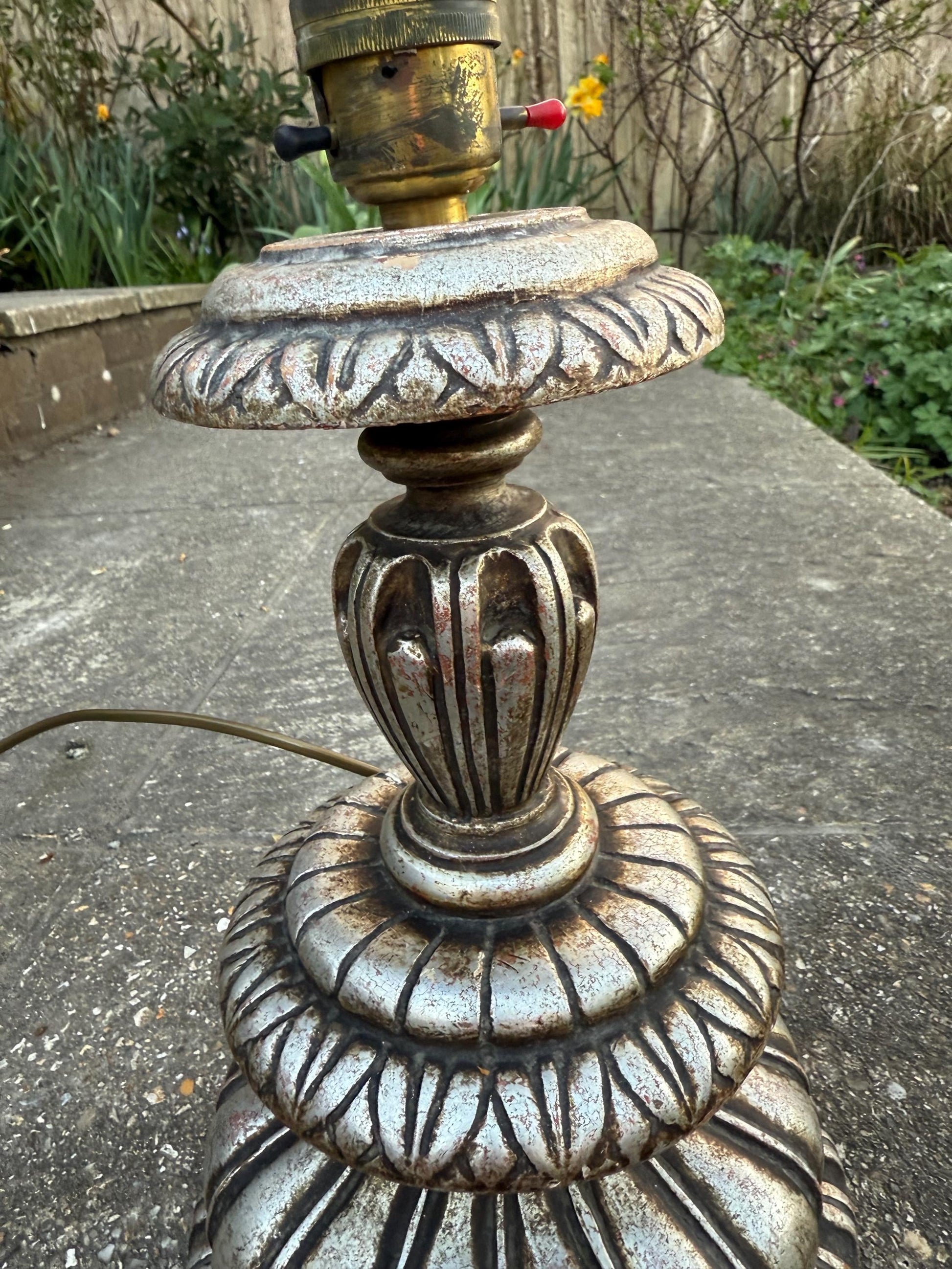Rare Baroque Style Vintage Large Silver Table Lamp - 1960s/70s retro wooden painted lamp, neo classical table lamp, working, tested