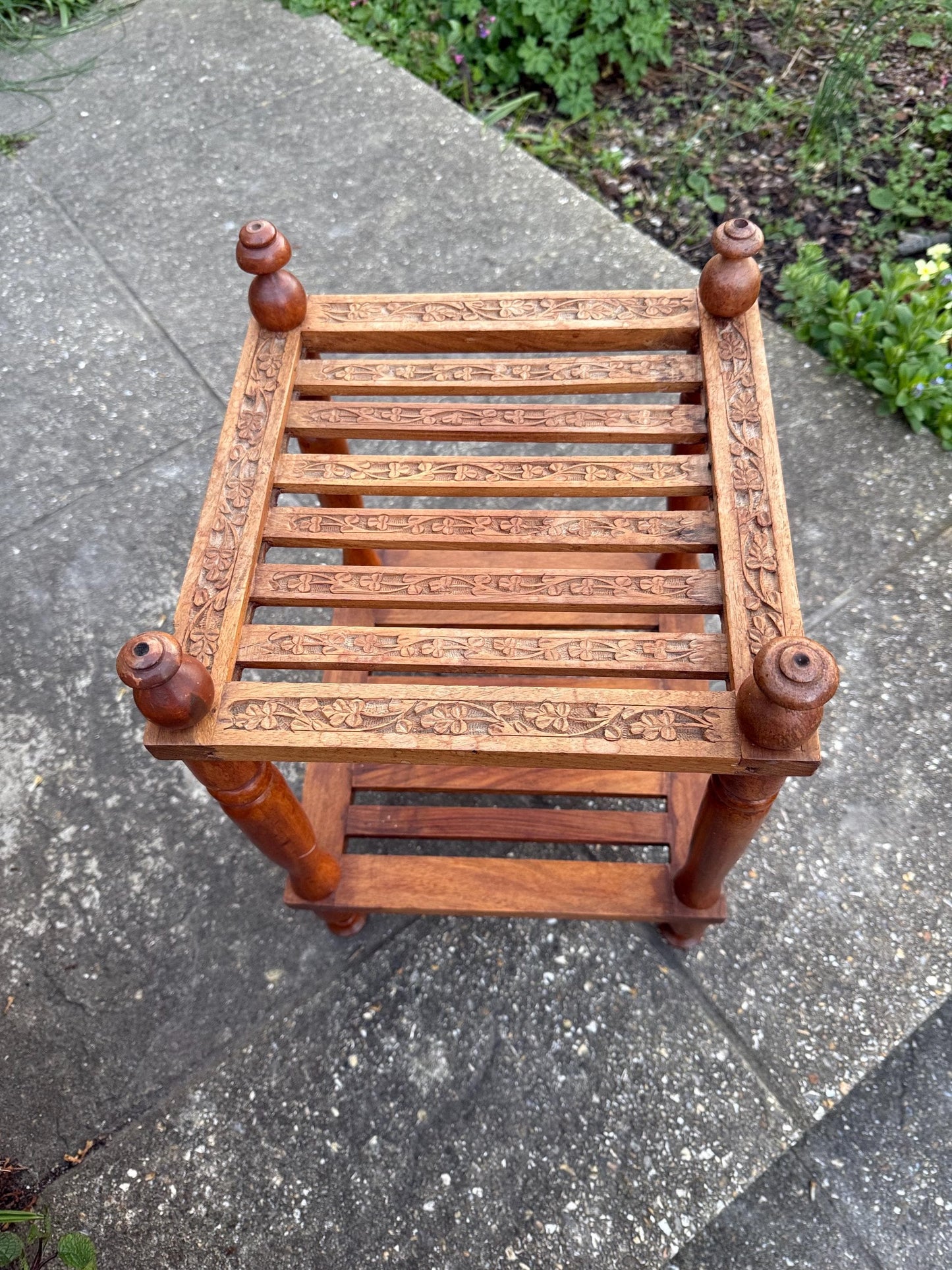 Vintage carved table, lamp table, coffee table, plant stand – carved and slatted two tiered table with finials, Asian table