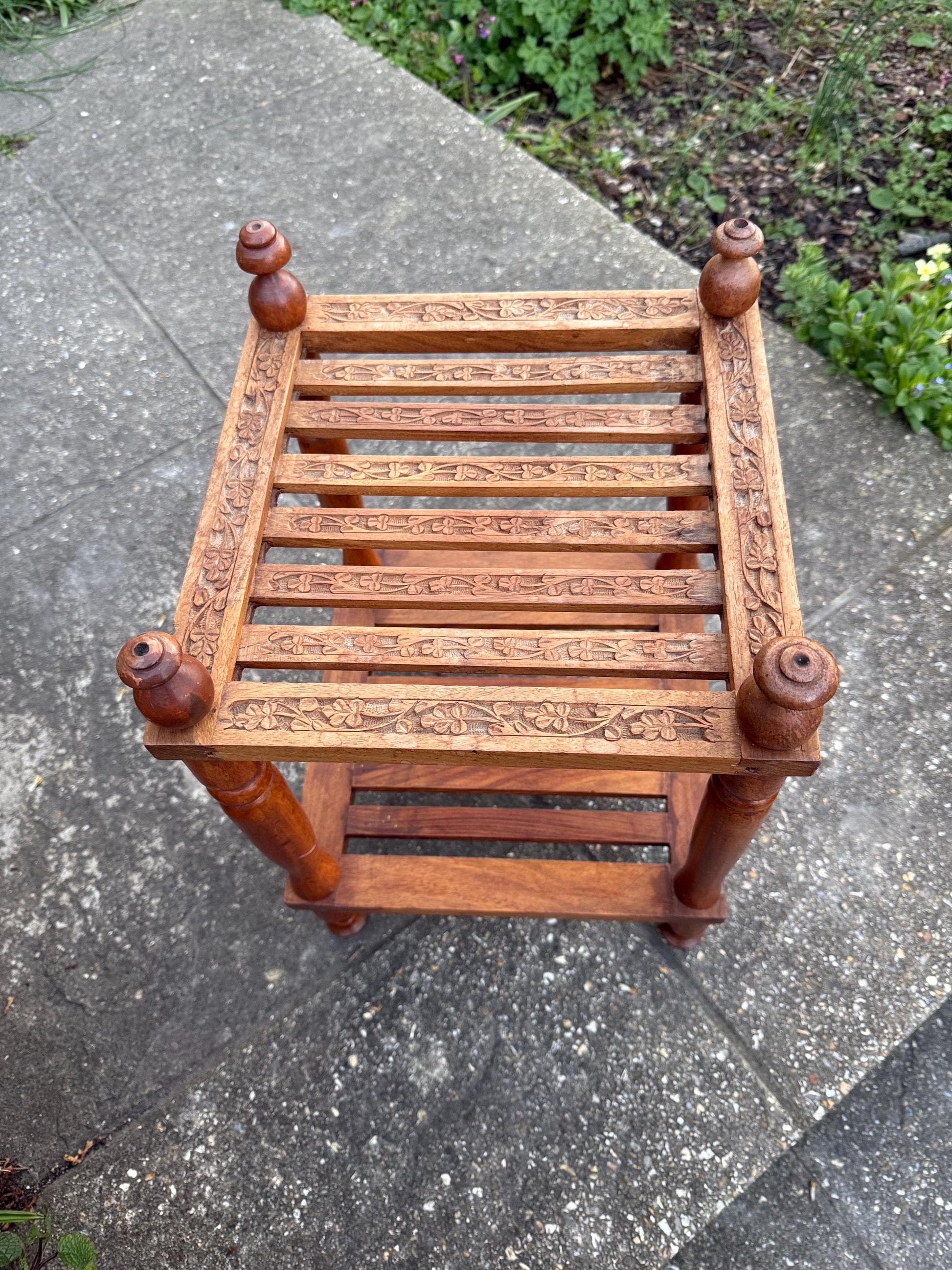 Vintage carved table, lamp table, coffee table, plant stand – carved and slatted two tiered table with finials, Asian table