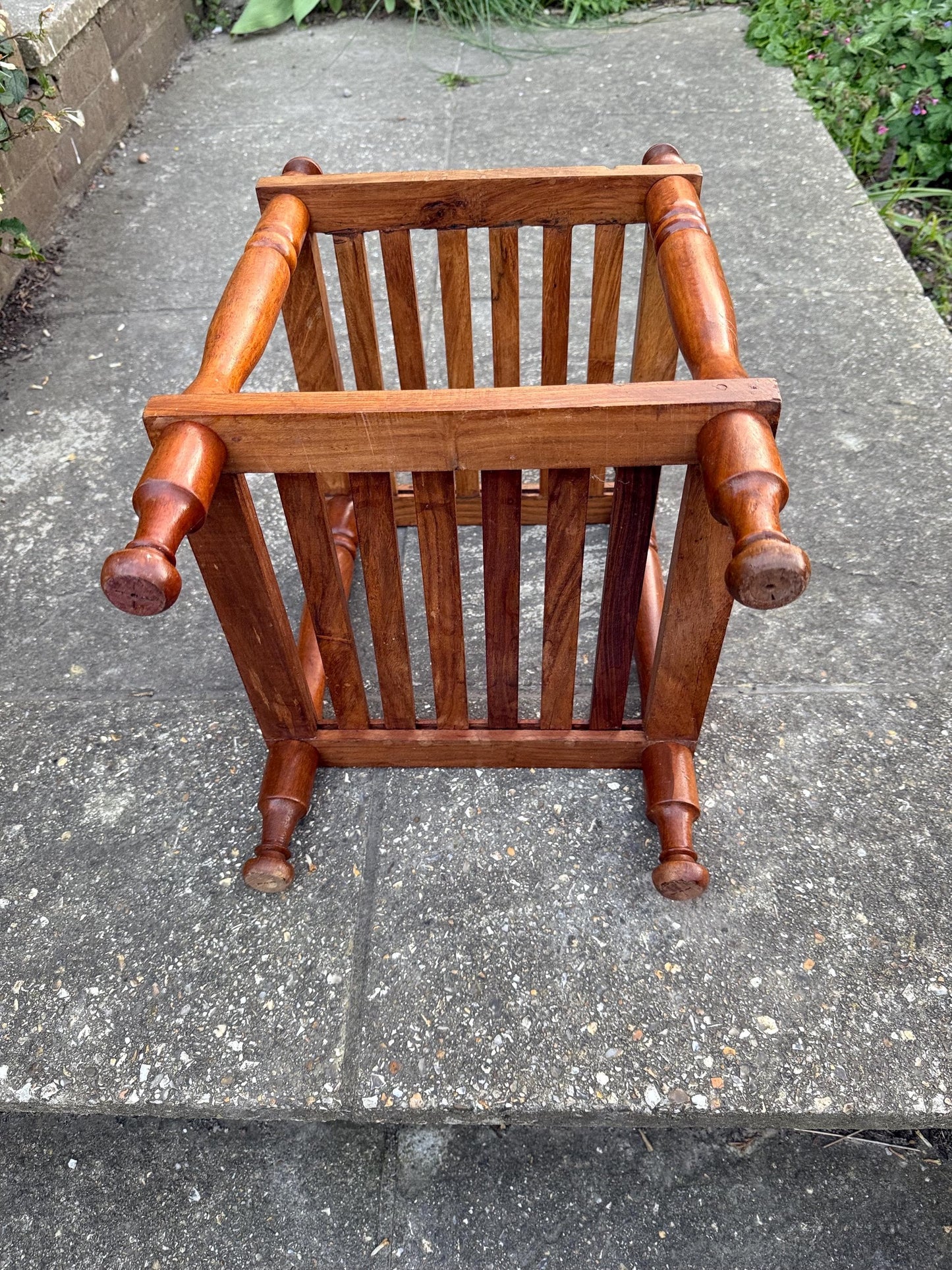 Vintage carved table, lamp table, coffee table, plant stand – carved and slatted two tiered table with finials, Asian table