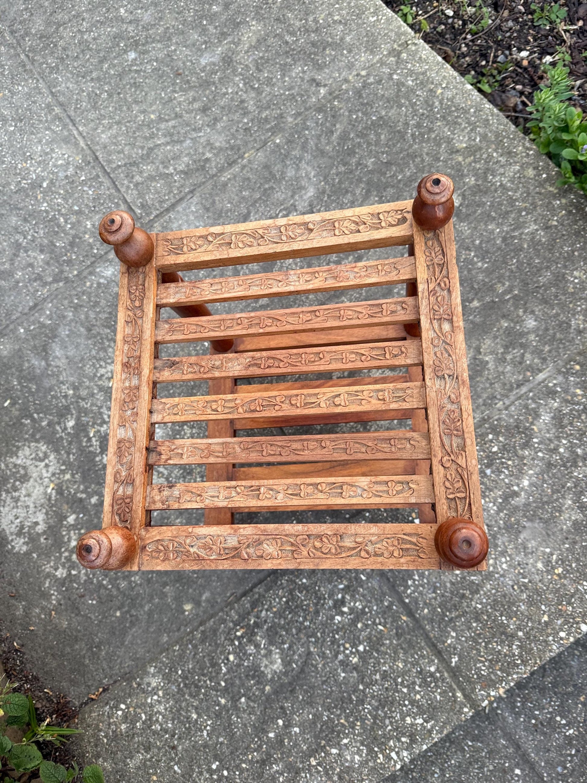 Vintage carved table, lamp table, coffee table, plant stand – carved and slatted two tiered table with finials, Asian table