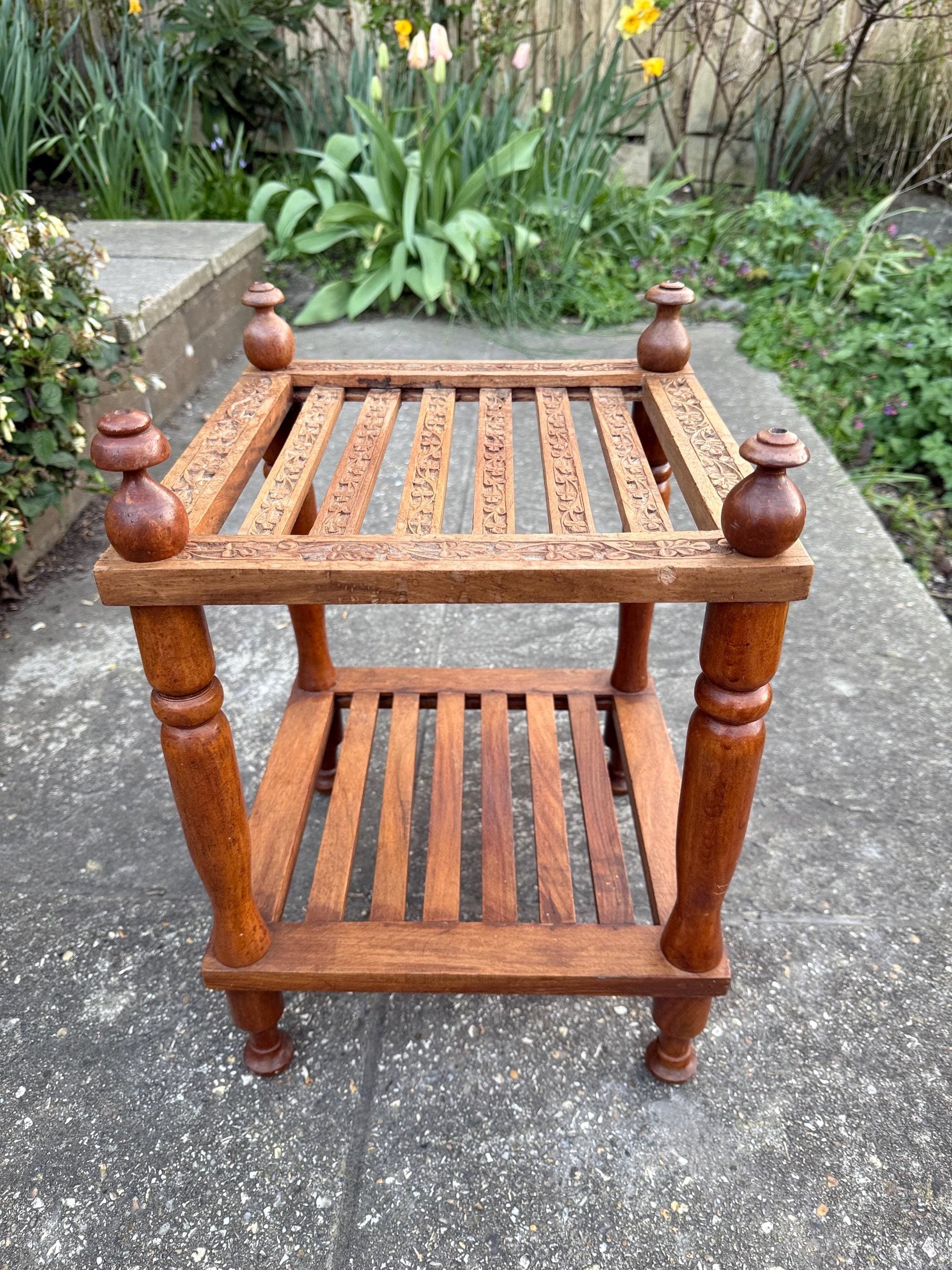 Vintage carved table, lamp table, coffee table, plant stand – carved and slatted two tiered table with finials, Asian table