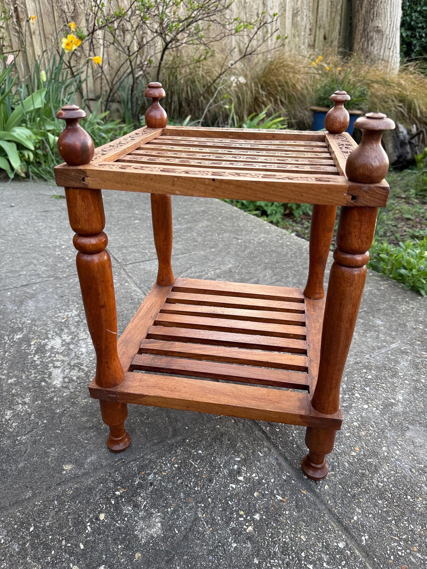 Vintage carved table, lamp table, coffee table, plant stand – carved and slatted two tiered table with finials, Asian table