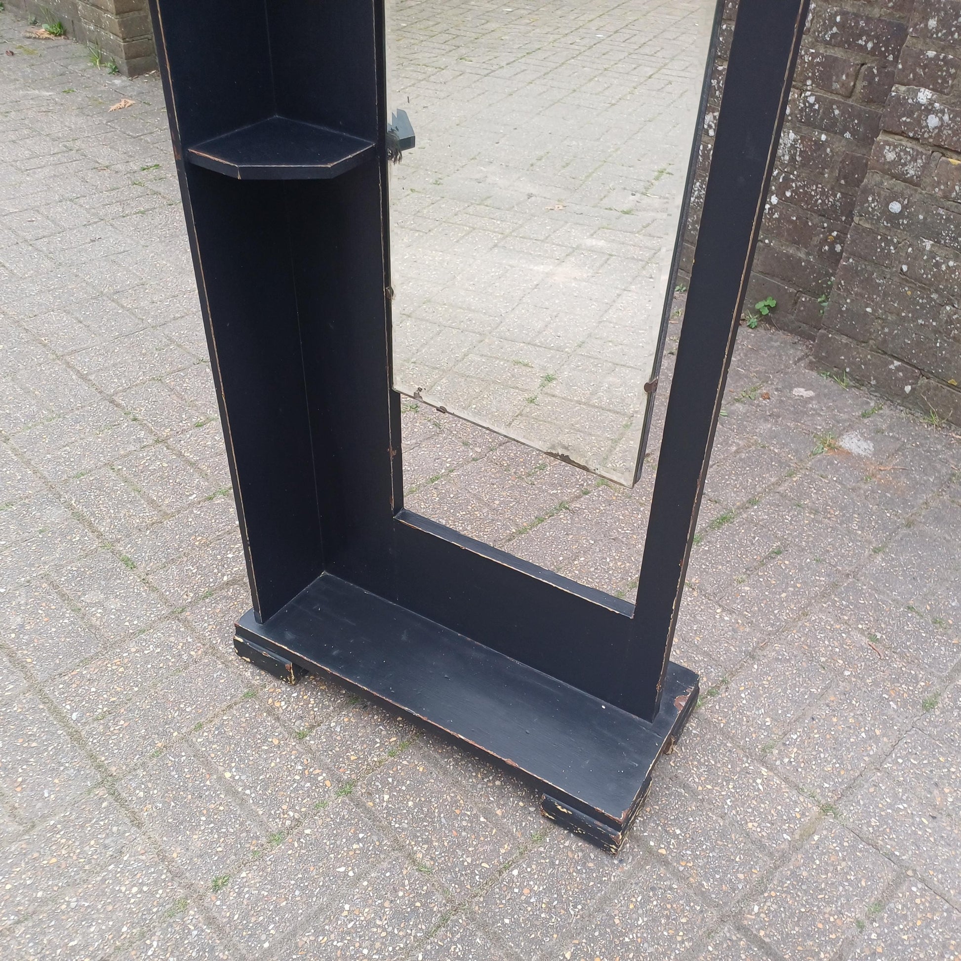 1920s Art Deco Oak Cheval Mirror Side Shelves Freestanding Distressed Black Finish Vintage Full Length Tilting Mirror FREE HAND Delivery