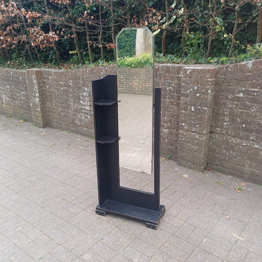 1920s Art Deco Oak Cheval Mirror Side Shelves Freestanding Distressed Black Finish Vintage Full Length Tilting Mirror FREE HAND Delivery