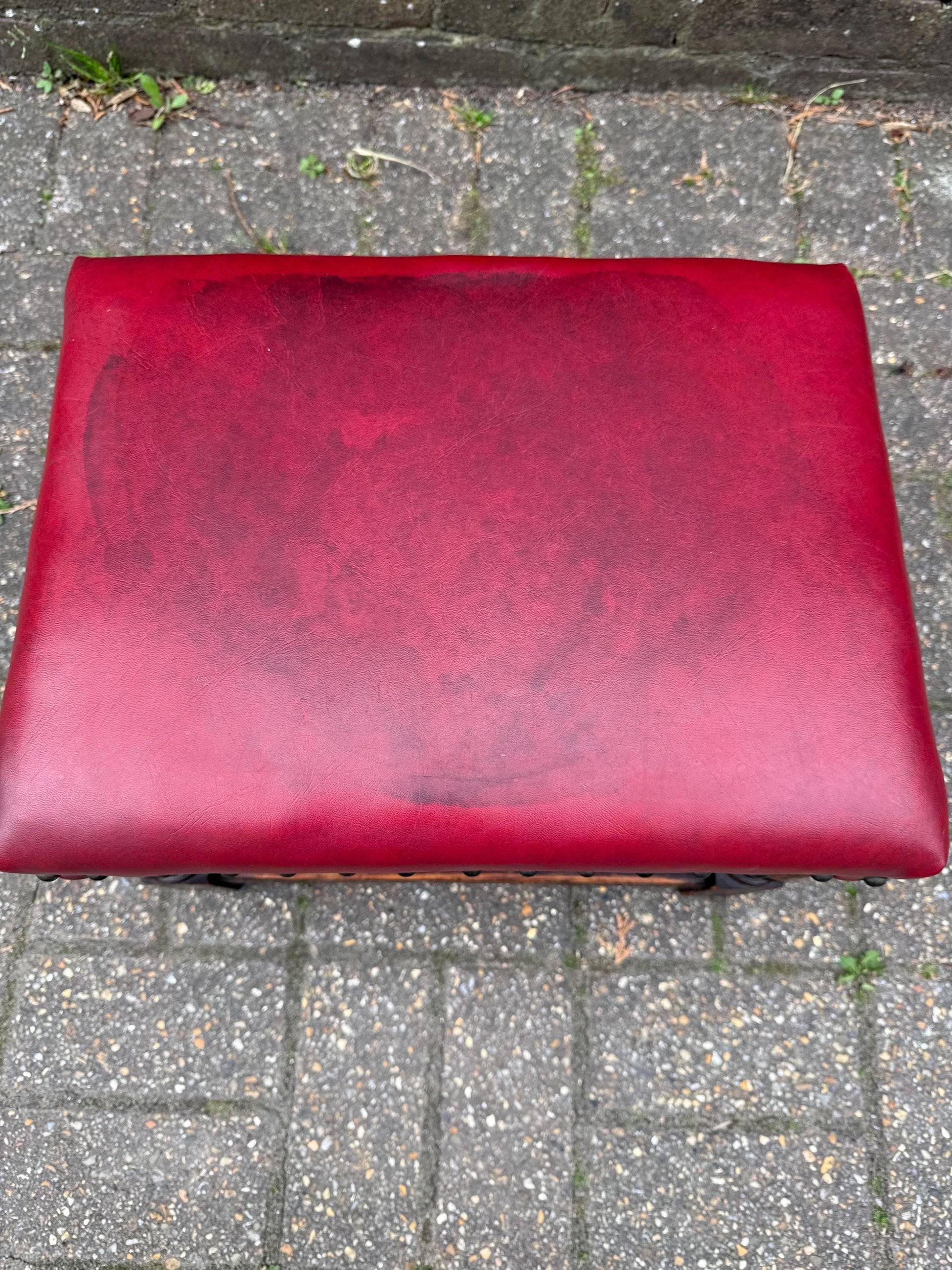 Vintage solid oak mid-century leather stool, vintage 1950s foot stool, mid century footstool